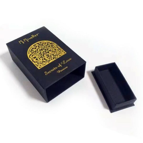 Black perfume box with gold foil artwork
